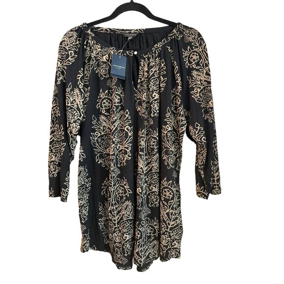 Lucky Brand Womens 1X Black & Beige Floral Print Viscose Blouse Boho Stretch NWT - Picture 1 of 5